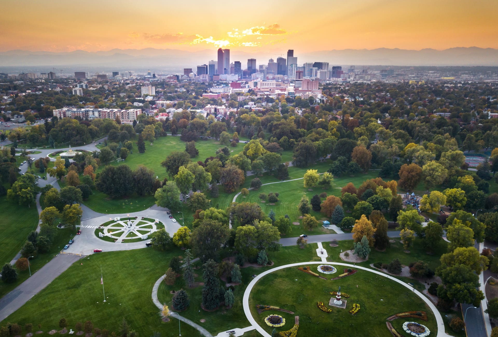 Aerial view of Denver parks and skyline showing Exquisite Logistics Moving service areas