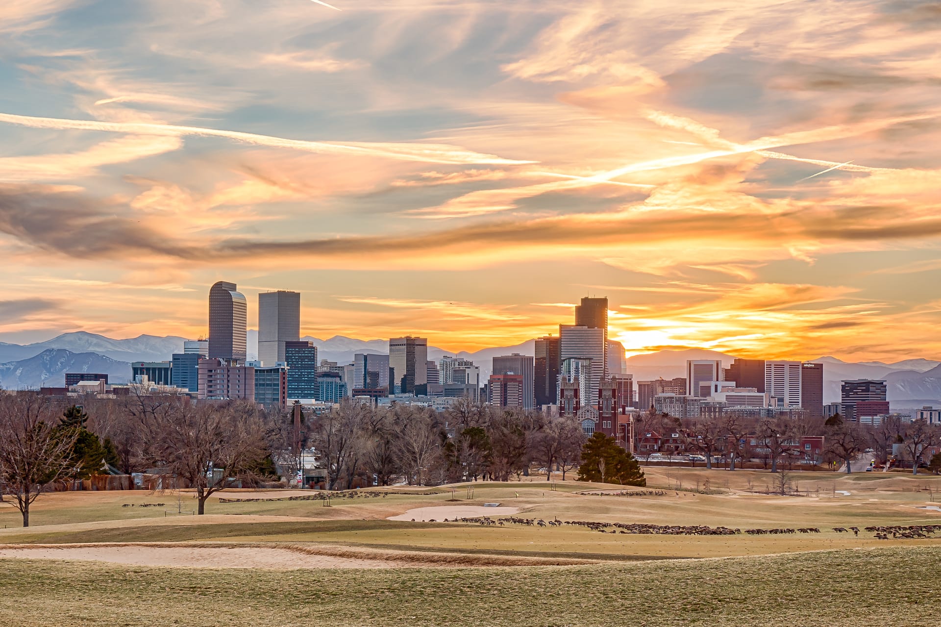 Denver skyline at sunset, Exquisite Logistics Moving serves Denver, Colorado and beyond